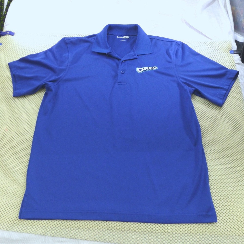 CornerStone‎ Mens Oreo Employee Spell Out Logo Polo Shirt Blue Short Sleeve Med